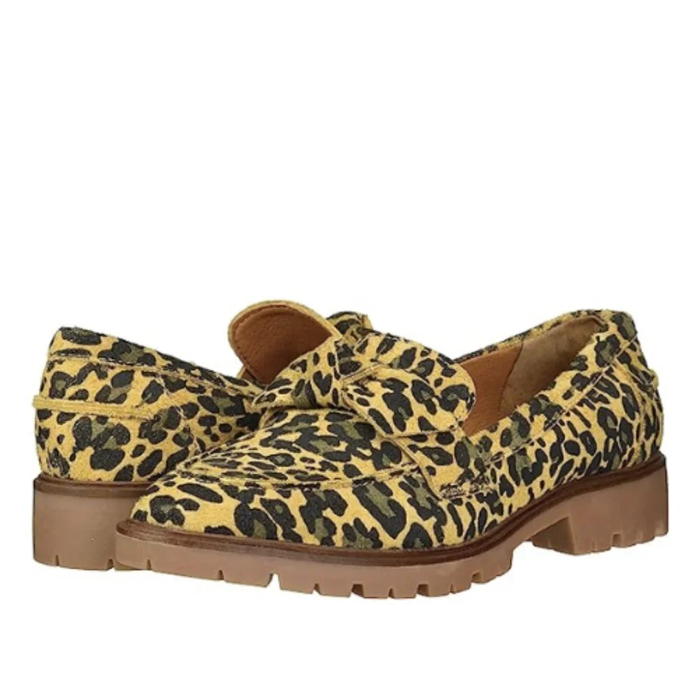 NEW Lucky Brand Tamio Leopard Print Suede Flat Loafer in Inca Gold